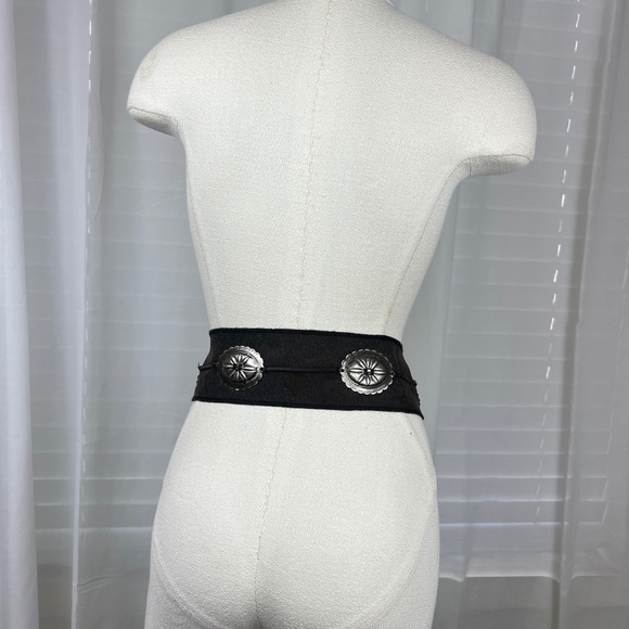 Unbranded Black Canvas Leather Wide Waist Belt Silver Concho Western Boho 29.5in - Picture 7 of 13